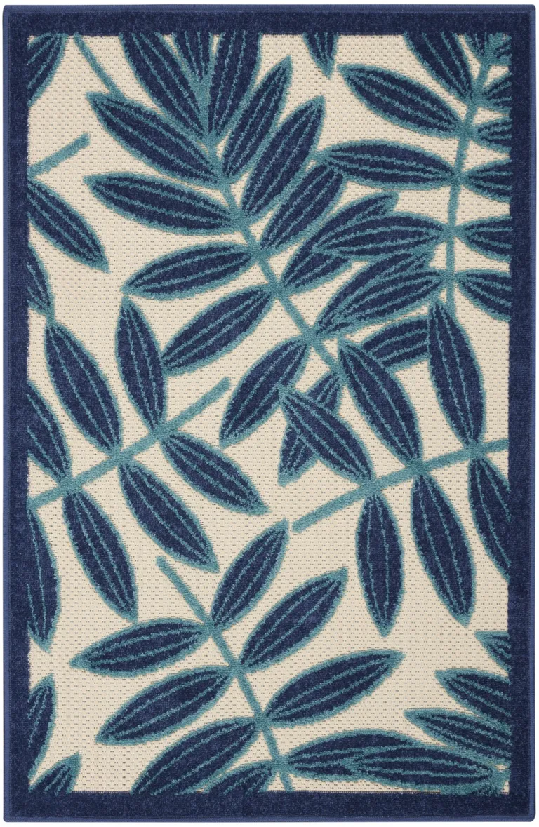 Navy and Beige Leaves Indoor Outdoor Area Rug Photo 1