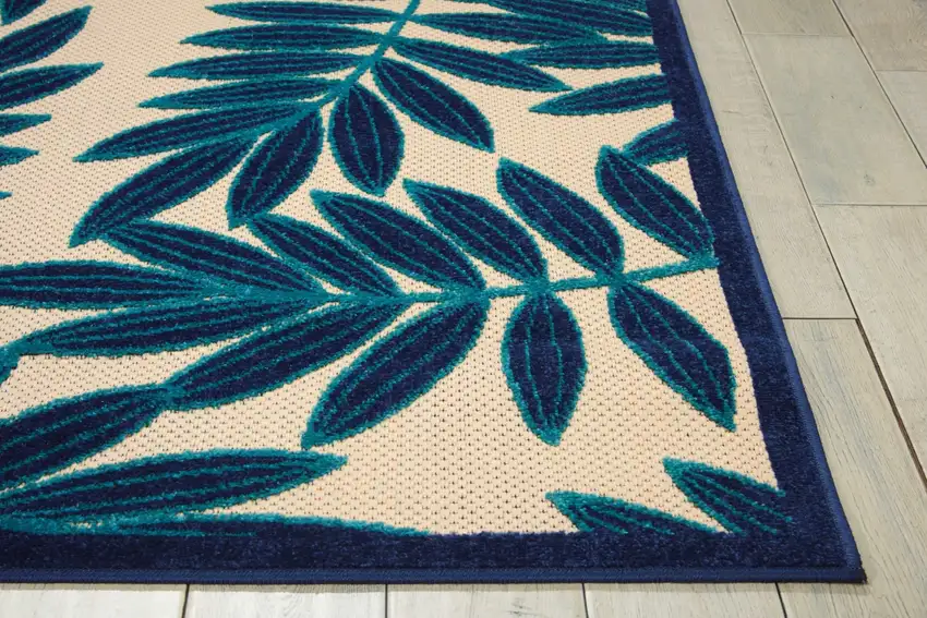 Navy and Beige Leaves Indoor Outdoor Area Rug Photo 6