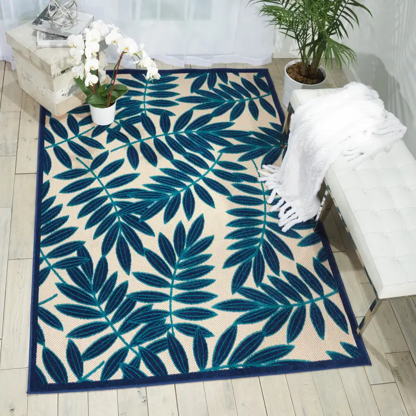 Blue And Ivory Floral Indoor Outdoor Area Rug Photo 5