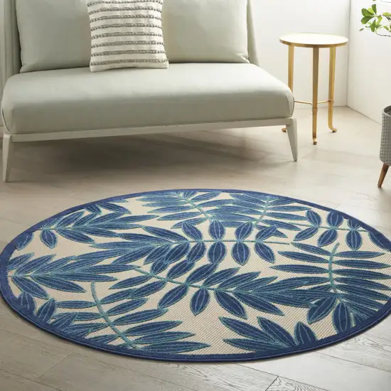 Blue And Ivory Round Floral Indoor Outdoor Area Rug Photo 5