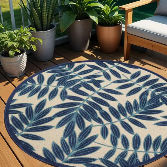 Blue And Ivory Round Floral Indoor Outdoor Area Rug Photo 2