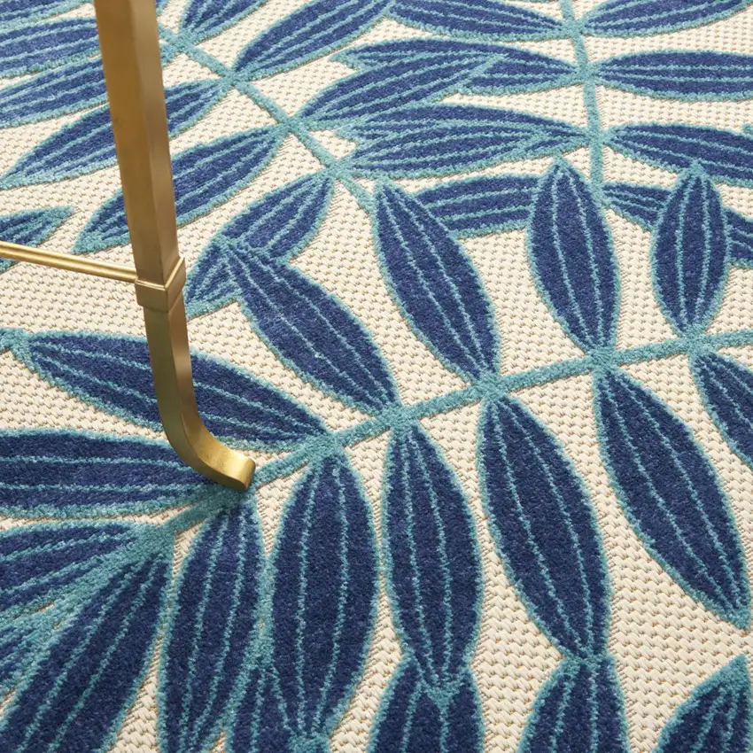 Blue And Ivory Round Floral Indoor Outdoor Area Rug Photo 8