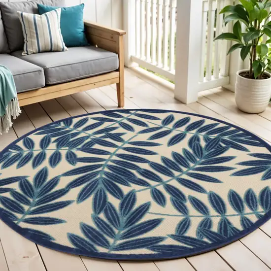 Blue And Ivory Round Floral Indoor Outdoor Area Rug Photo 2