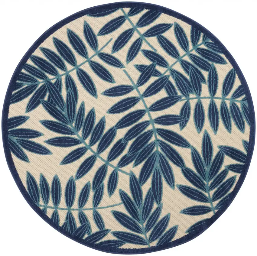 Navy and Beige Leaves Indoor Outdoor Area Rug Photo 12