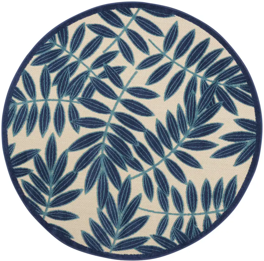Blue And Ivory Round Floral Indoor Outdoor Area Rug Photo 1