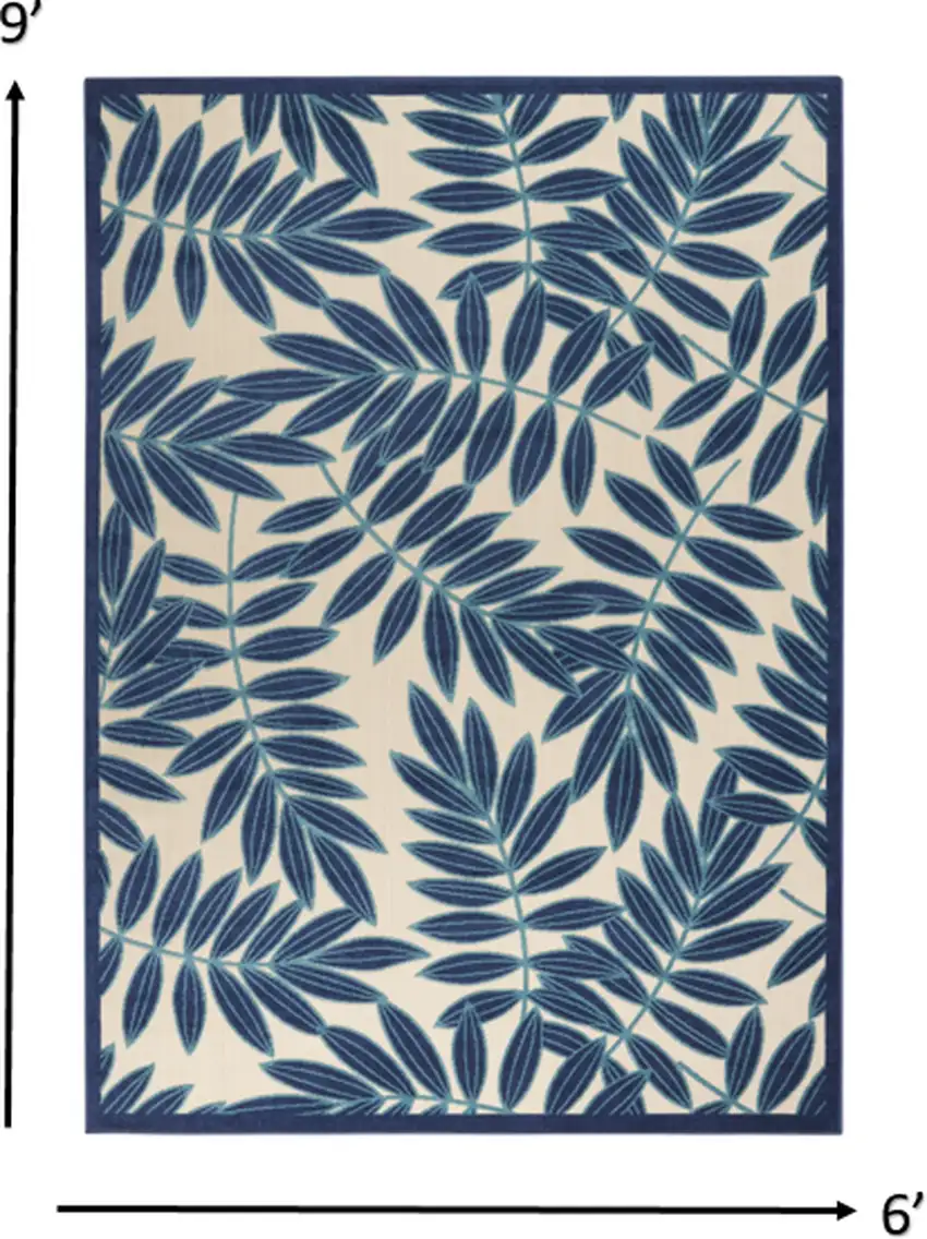 Navy and Beige Leaves Indoor Outdoor Area Rug Photo 3