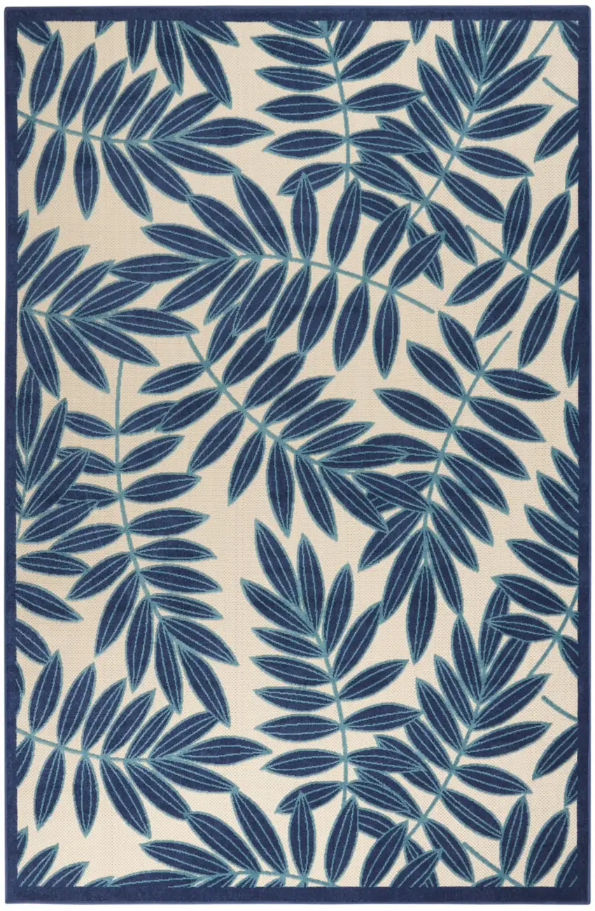 Navy and Beige Leaves Indoor Outdoor Area Rug Photo 1
