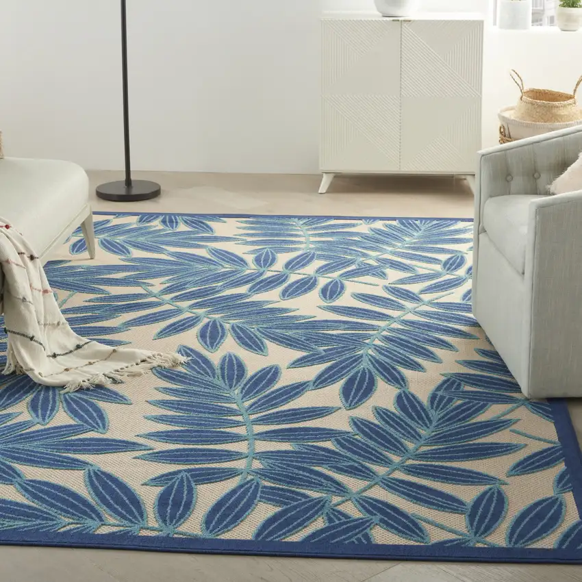 Blue And Ivory Floral Indoor Outdoor Area Rug Photo 3