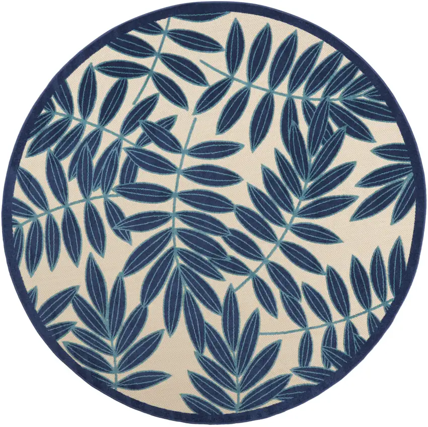 8' Blue And Ivory Round Floral Indoor Outdoor Area Rug Photo 1