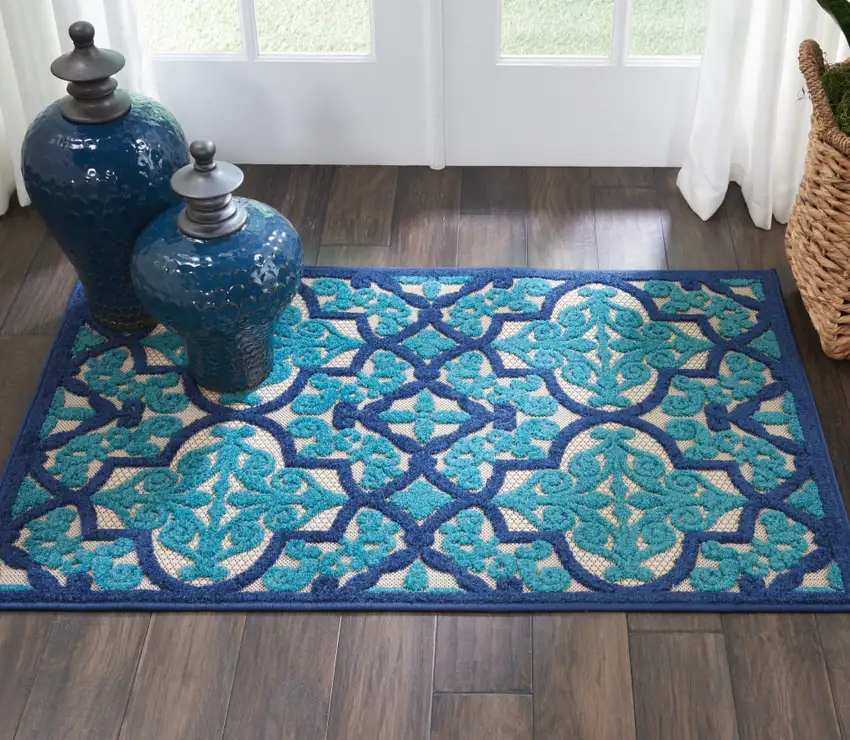 Blue And Ivory Moroccan Indoor Outdoor Area Rug Photo 5
