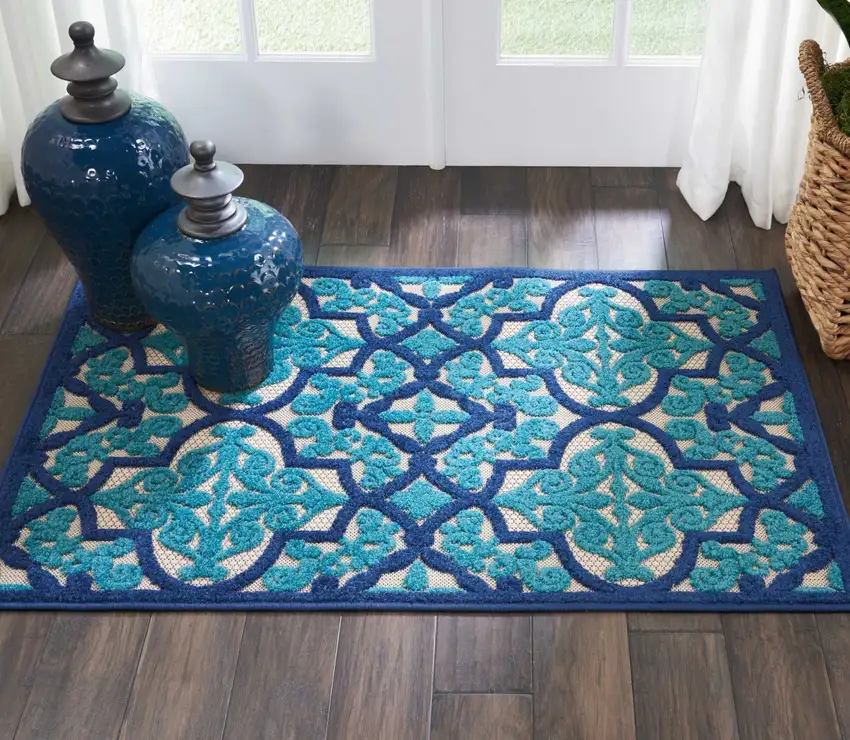 Navy and Beige Trellis Indoor Outdoor Area Rug Photo 6