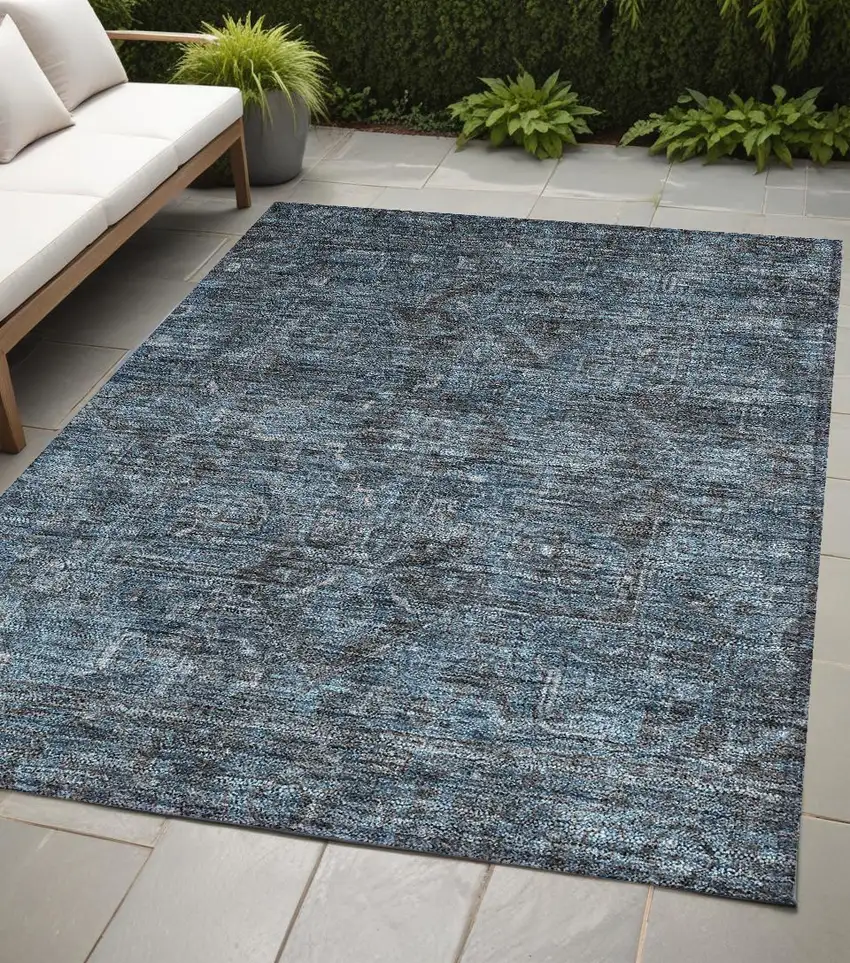 Navy and Black Oriental Washable Non Skid Indoor Outdoor Area Rug Photo 1