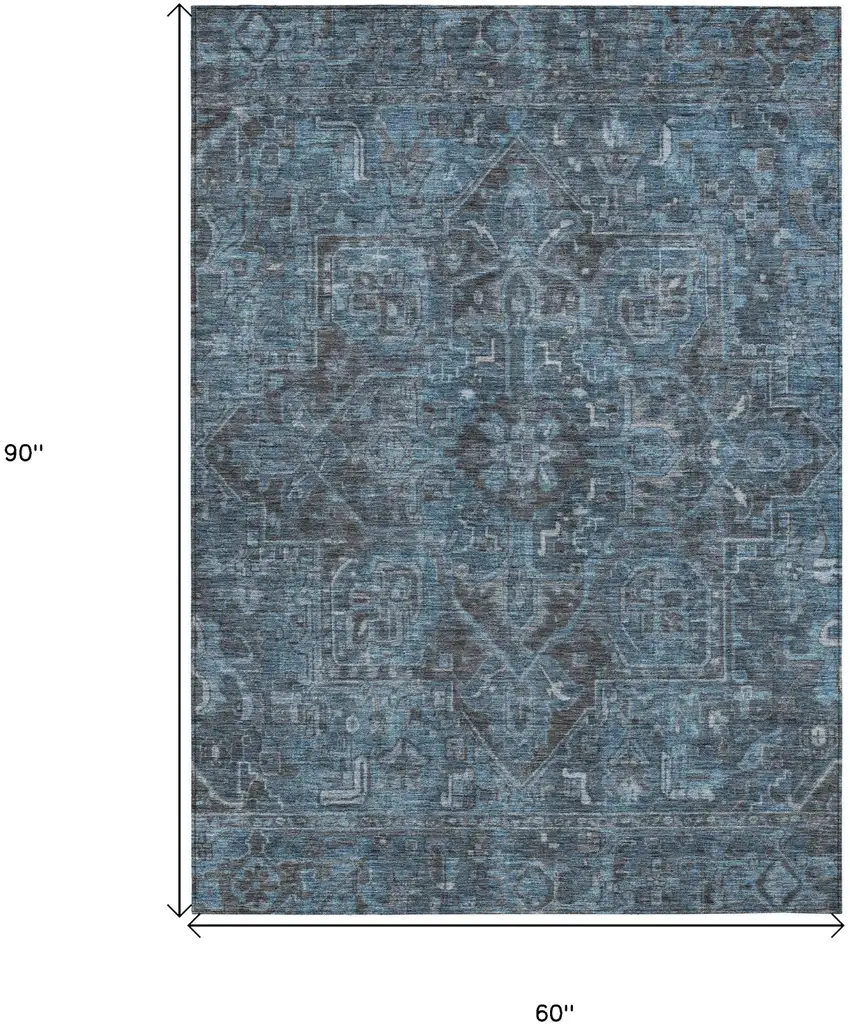 Navy and Black Oriental Washable Non Skid Indoor Outdoor Area Rug Photo 3