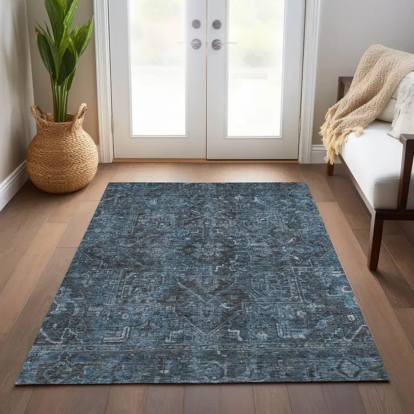Navy and Black Oriental Washable Non Skid Indoor Outdoor Area Rug Photo 9