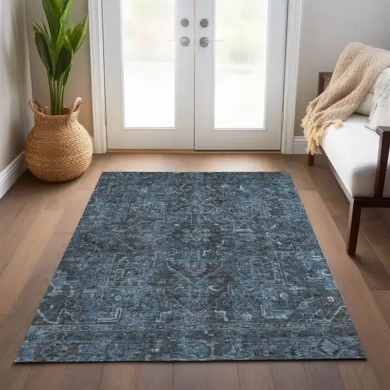 Navy and Black Oriental Washable Non Skid Indoor Outdoor Area Rug Photo 9