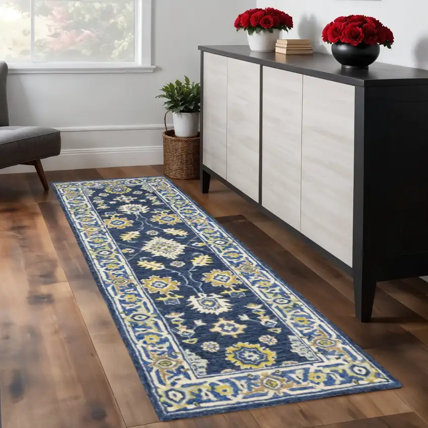 8' Blue And Gold Wool Hand Tufted Runner Rug Photo 1