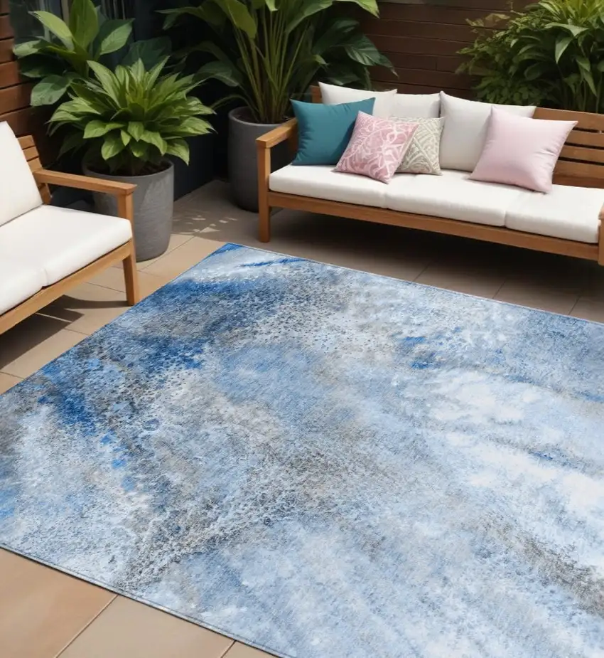 Navy and Gray Abstract Washable Non Skid Indoor Outdoor Area Rug Photo 1