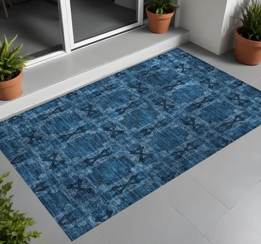 Navy and Gray Floral Medallion Washable Non Skid Indoor Outdoor Area Rug Photo 1
