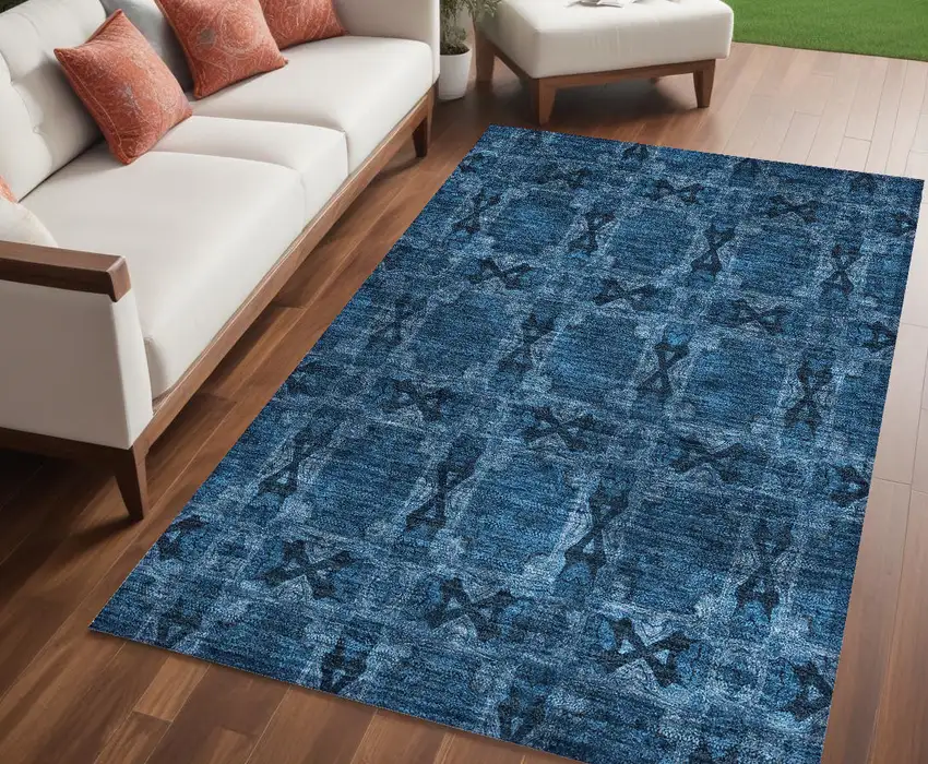 Navy and Gray Floral Medallion Washable Non Skid Indoor Outdoor Area Rug Photo 1