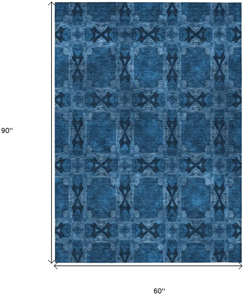 Navy and Gray Floral Medallion Washable Non Skid Indoor Outdoor Area Rug Photo 3