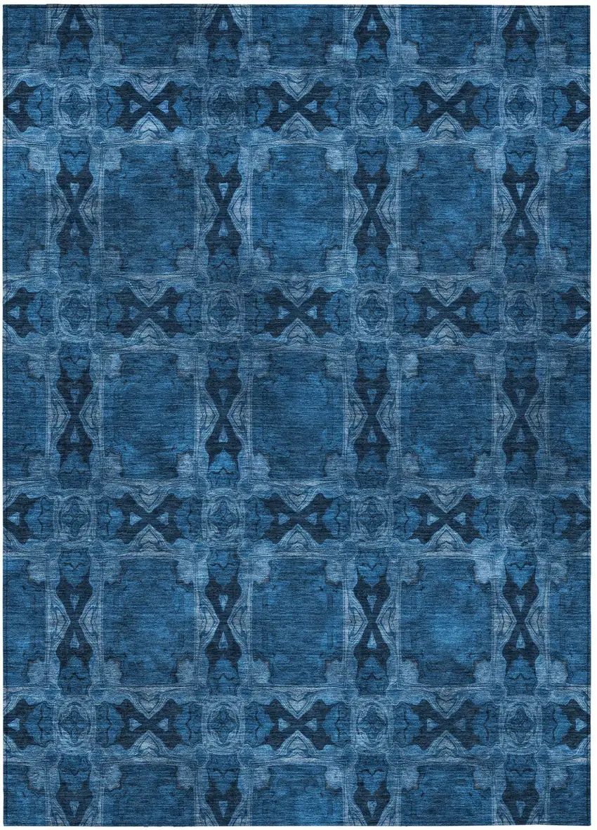 Navy and Gray Floral Medallion Washable Non Skid Indoor Outdoor Area Rug Photo 2