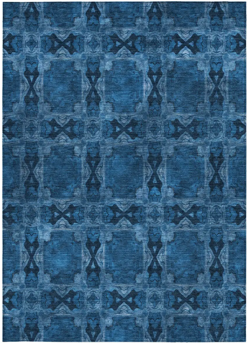 Navy and Gray Floral Medallion Washable Non Skid Indoor Outdoor Area Rug Photo 4