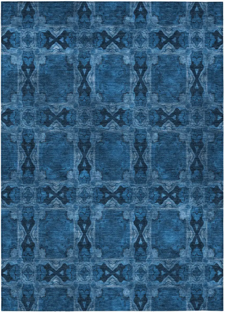 Navy and Gray Floral Medallion Washable Non Skid Indoor Outdoor Area Rug Photo 2