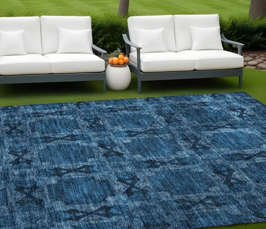 Navy and Gray Floral Medallion Washable Non Skid Indoor Outdoor Area Rug Photo 1