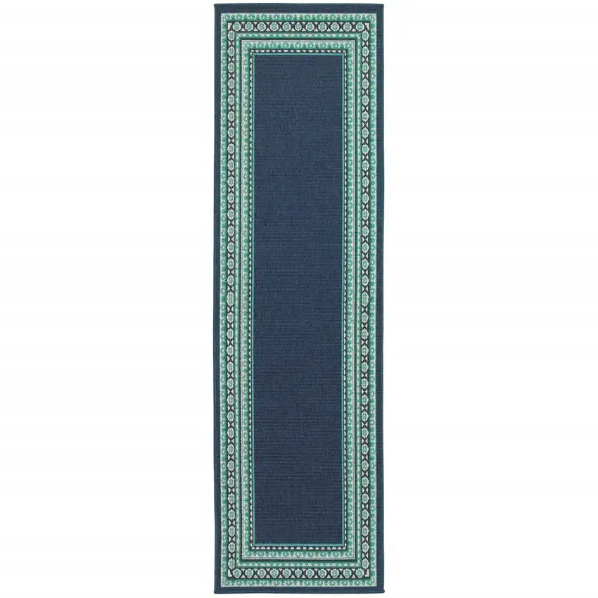 Navy and Green Geometric Indoor Outdoor Runner Rug Photo 3