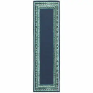Photo of Navy and Green Geometric Indoor Outdoor Runner Rug
