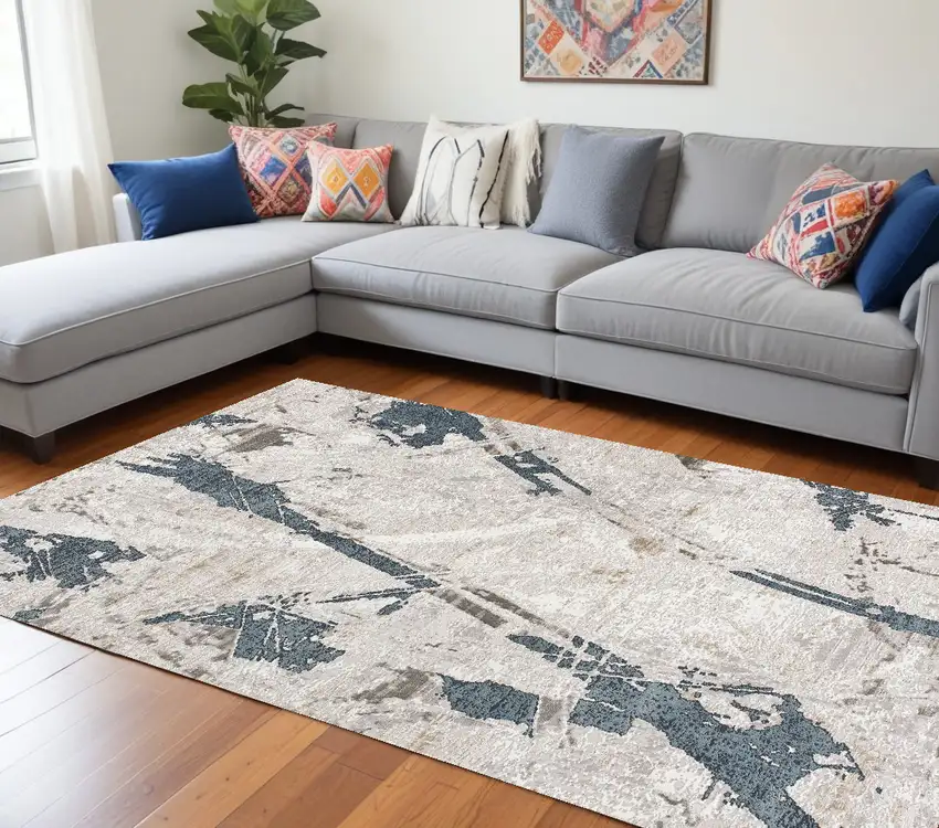 Blue and Ivory Abstract Power Loom Area Rug Photo 1