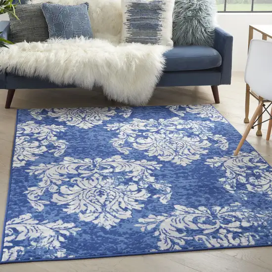 Ivory And Blue Damask Distressed Area Rug Photo 4