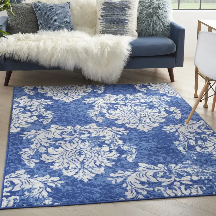Ivory And Blue Damask Distressed Area Rug Photo 4
