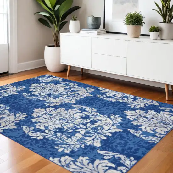 Ivory And Blue Damask Distressed Area Rug Photo 2
