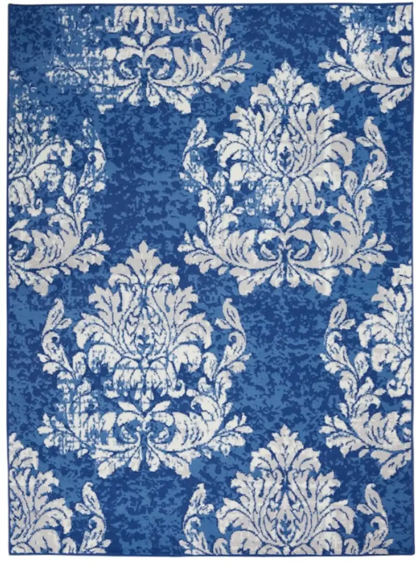 Ivory And Blue Damask Distressed Area Rug Photo 1