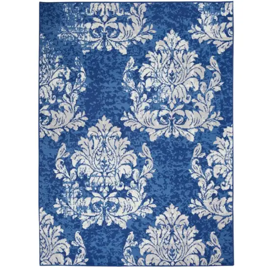 Ivory And Blue Damask Distressed Area Rug Photo 1