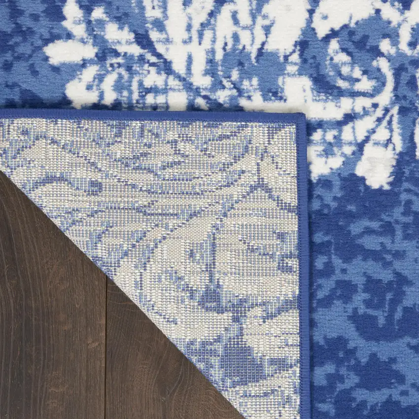 Ivory And Blue Damask Distressed Area Rug Photo 9