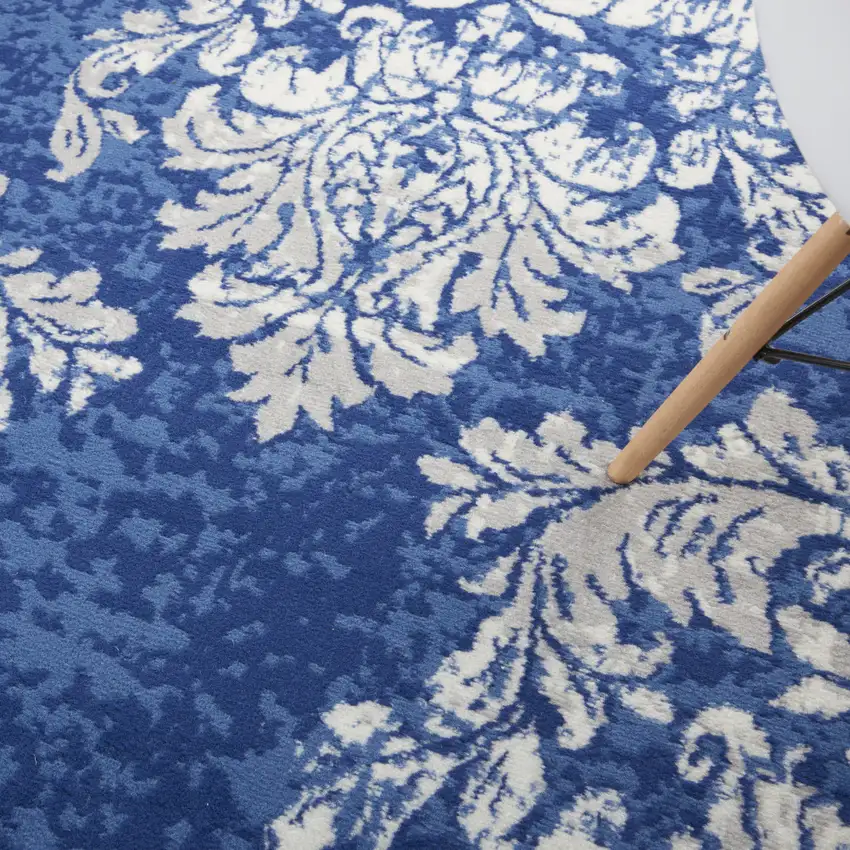 Ivory And Blue Damask Distressed Area Rug Photo 9