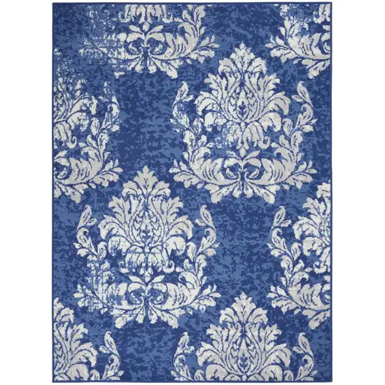 Ivory And Blue Damask Distressed Area Rug Photo 8