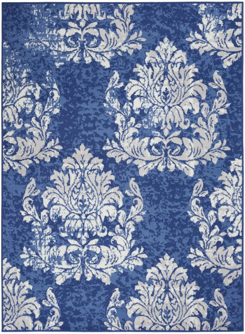 Ivory And Blue Damask Distressed Area Rug Photo 8