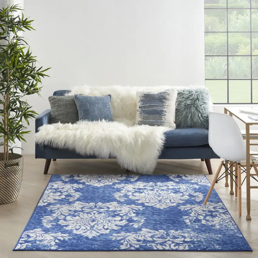 Ivory And Blue Damask Distressed Area Rug Photo 5