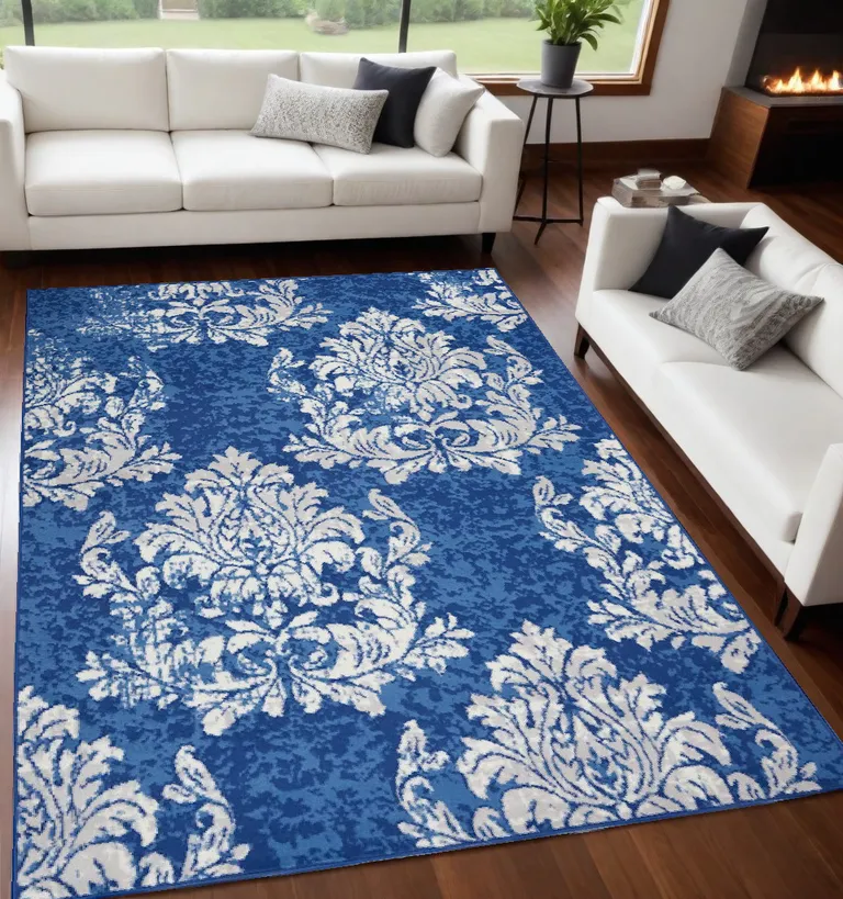 Navy and Ivory Damask Area Rug Photo 2