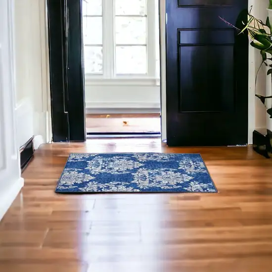 Blue And Ivory Floral Dhurrie Area Rug Photo 7