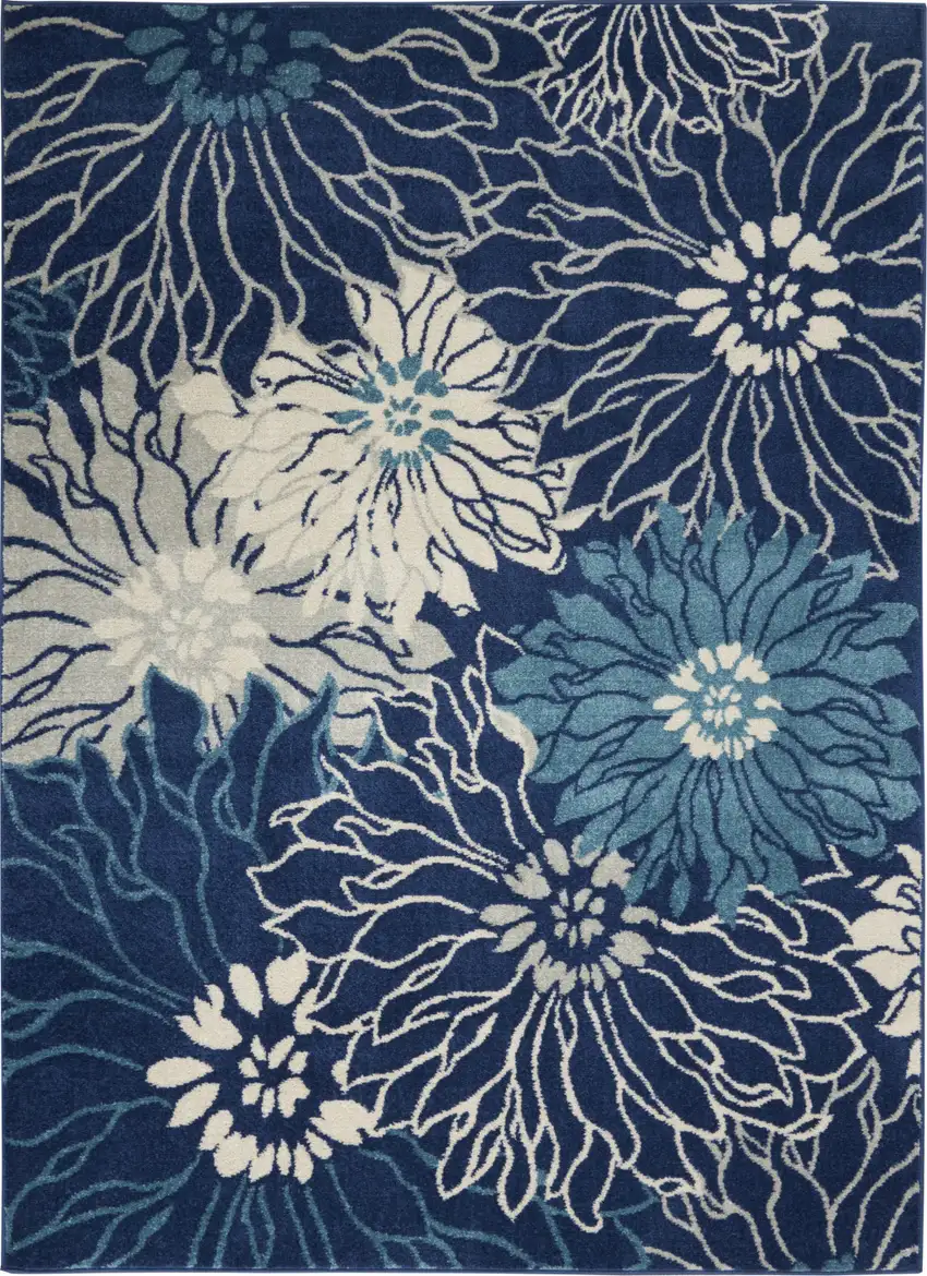 Blue And Ivory Floral Power Loom Area Rug Photo 2
