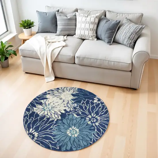 4' Blue And Ivory Floral Round Rug Photo 2