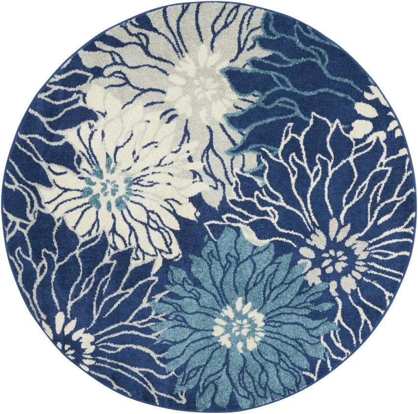 4' Blue And Ivory Floral Round Rug Photo 4