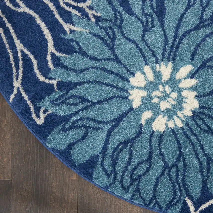 4' Blue And Ivory Floral Round Rug Photo 3
