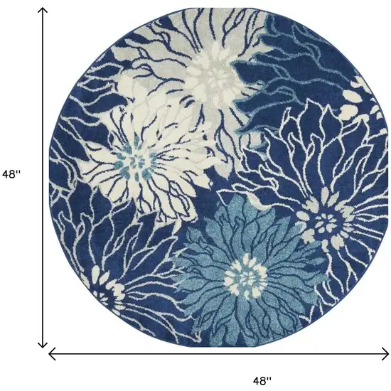 4' Blue And Ivory Floral Round Rug Photo 7