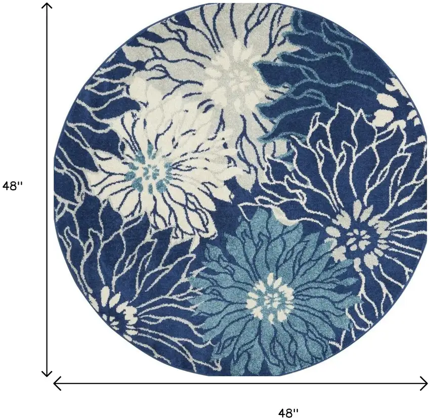 4' Blue And Ivory Floral Round Rug Photo 7