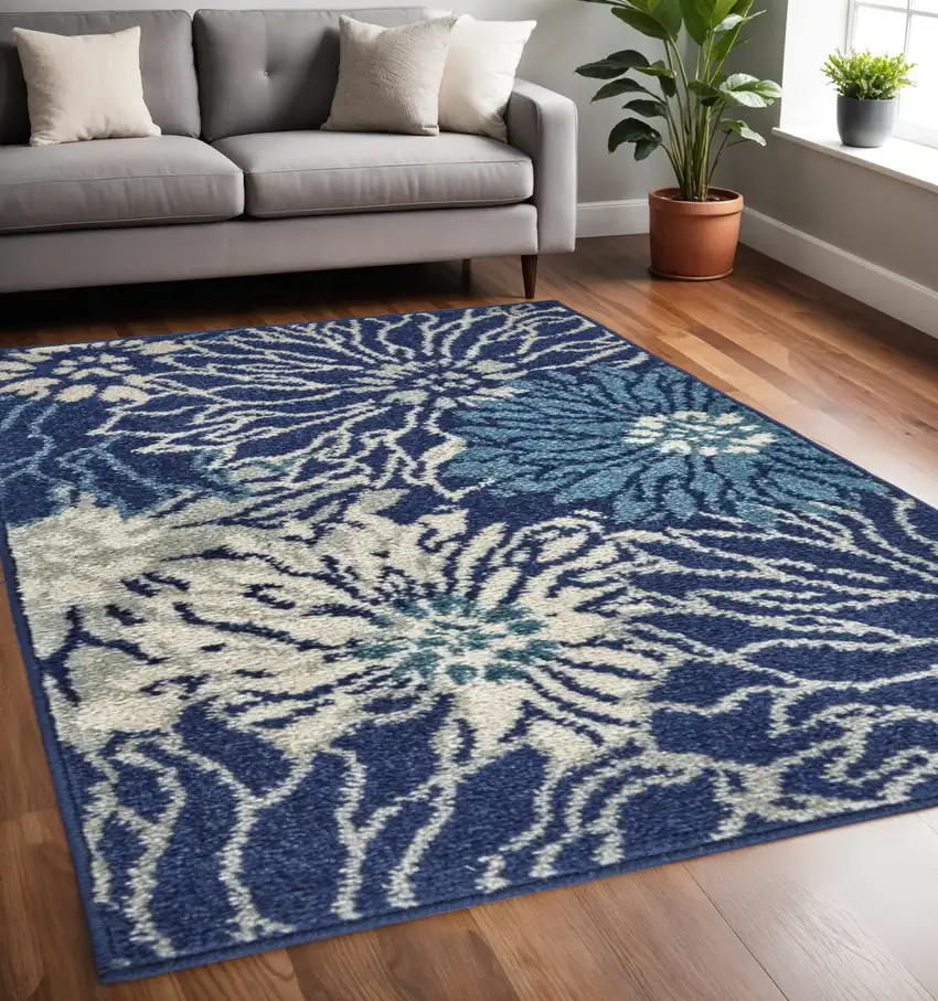 Blue And Ivory Floral Area Rug Photo 2